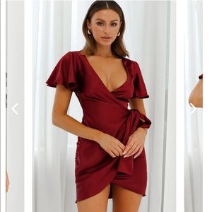 Ireland Silky Angel Sleeve Faux Wrap Dress | Wine